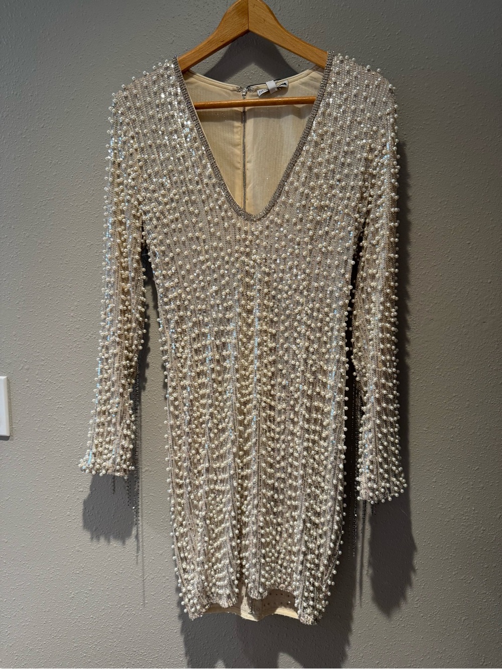 Fashion Nova Glam Pearl Sequin Embellished V-Neck Long Sleeve Mini Dress Medium